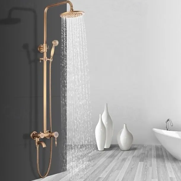 Shower System Faucet Set 8" Showerhead Golden, Rainfall Vintage Style Combo Kit with Handheld Handshower Wall Mounted, Country Antique Brass Mount Outside Ceramic Valve Bath Shower Mixer Taps