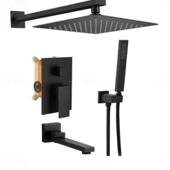 Shower System Faucet Set Rainfall Shower Head 10 inches Black, Rough in Valve and Trim Kit Combo Set High Pressure Head with Handheld Wall Mounted for Bathroom