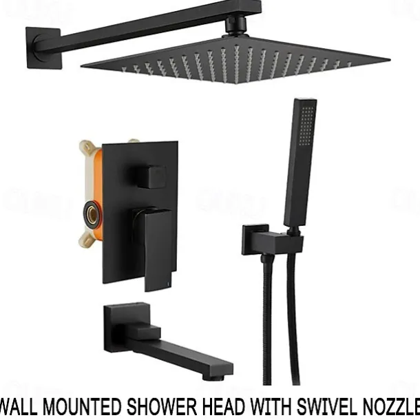 Shower System Faucet Set Rainfall Shower Head 10 inches Black, Rough in Valve and Trim Kit Combo Set High Pressure Head with Handheld Wall Mounted for Bathroom