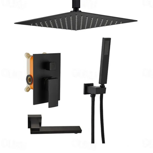 Shower System Faucet Set Rainfall Shower Head 10 inches Black, Rough in Valve and Trim Kit Combo Set High Pressure Head with Handheld Wall Mounted for Bathroom