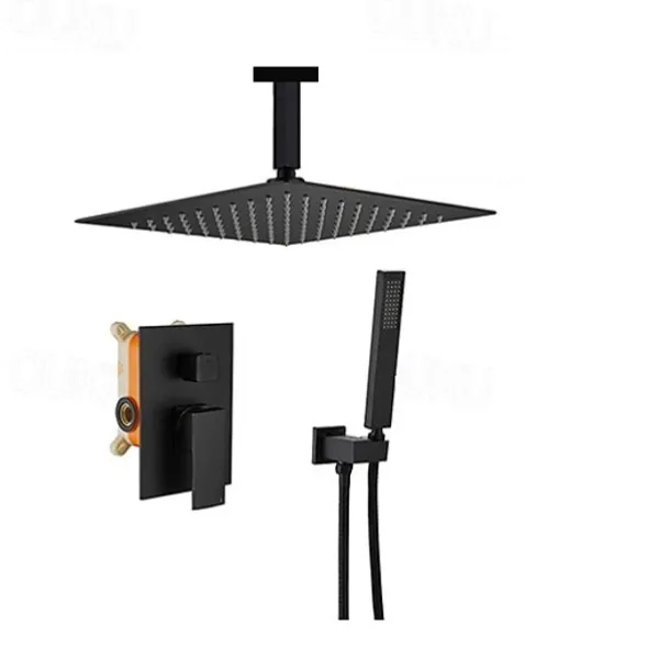 Shower System Faucet Set Rainfall Shower Head 10 inches Black, Rough in Valve and Trim Kit Combo Set High Pressure Head with Handheld Wall Mounted for Bathroom