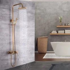 Shower System Set,Brass Mount Outside Rainfall Pullout Multi Spray and Rainfall Shower Bath Shower Mixer Taps included Bodysprays and Hot/Cold Water Switch