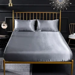 Silk Satin Fitted Sheet Bedding Fitted Sheet King/Queen/Double/Twin Size Deep Pocket Hotel Home Bedroom Wrinkle Fade Stain Resistant Soft