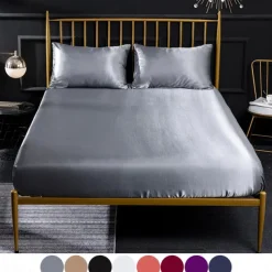 Silk Satin Fitted Sheet Bedding Fitted Sheet King/Queen/Double/Twin Size Deep Pocket Hotel Home Bedroom Wrinkle Fade Stain Resistant Soft