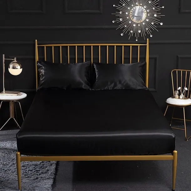 Silk Satin Fitted Sheet Bedding Fitted Sheet King/Queen/Double/Twin Size Deep Pocket Hotel Home Bedroom Wrinkle Fade Stain Resistant Soft