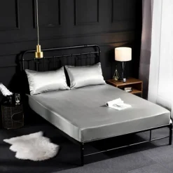 Silk Satin Fitted Sheet Bedding Fitted Sheet King/Queen/Double/Twin Size Deep Pocket Hotel Home Bedroom Wrinkle Fade Stain Resistant Soft