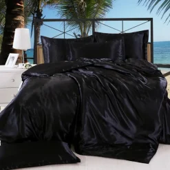Simulation Silk Satin Solid Color Quilt Cover Pillowcase Bed Sheet Three-piece Set