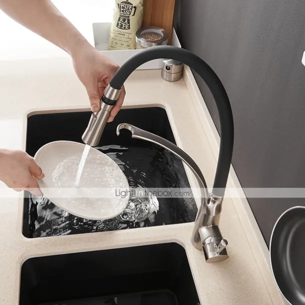 Single Handle Kitchen Faucet, Brush Nickel One Hole Pull Out Centerset, Brass Kitchen Faucet with Supply Lines