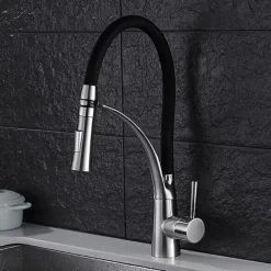 Single Handle Kitchen Faucet, Brush Nickel One Hole Pull Out Centerset, Brass Kitchen Faucet with Supply Lines