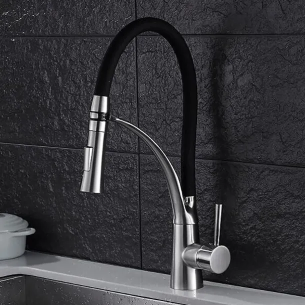 Single Handle Kitchen Faucet, Brush Nickel One Hole Pull Out Centerset, Brass Kitchen Faucet with Supply Lines