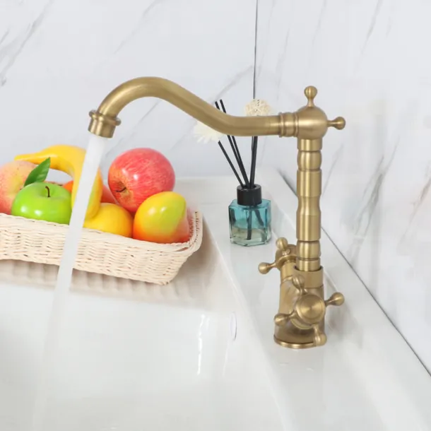 Single Handle Kitchen Faucet Antique Brass One Hole Rotatable Standard Spout/Tall/High Arc, Brass Antique/COD Kitchen Faucet with Supply Lines / Adjustable to Cold and Hot Water