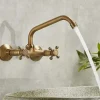 Sink Basin Mixer Tap Wall-Mounted Concealed Bathroom Sink Faucet Brushed Retro Brass Antiquefaucet Golden Widespread Wall Mounted