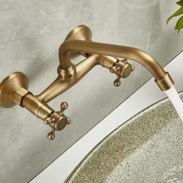 Sink Basin Mixer Tap Wall-Mounted Concealed Bathroom Sink Faucet Brushed Retro Brass Antiquefaucet Golden Widespread Wall Mounted