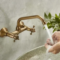 Sink Basin Mixer Tap Wall-Mounted Concealed Bathroom Sink Faucet Brushed Retro Brass Antiquefaucet Golden Widespread Wall Mounted