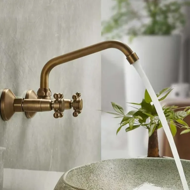 Sink Basin Mixer Tap Wall-Mounted Concealed Bathroom Sink Faucet Brushed Retro Brass Antiquefaucet Golden Widespread Wall Mounted