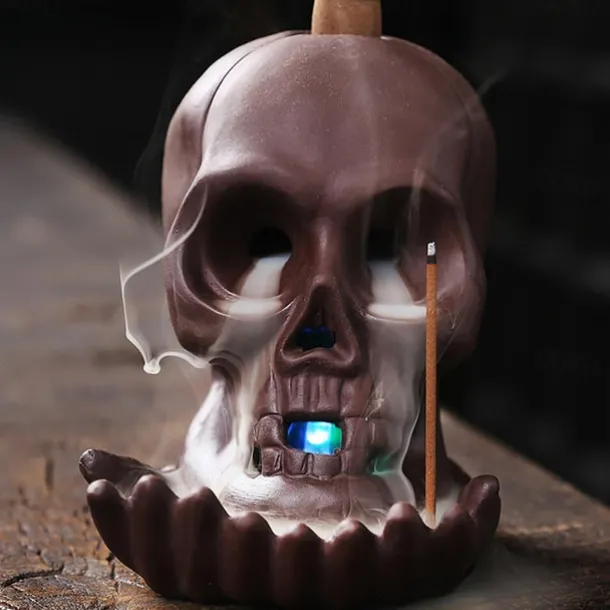 Skull Incense Burner Holder, Reflux Cascade, Ceramic, LED, Unique, Incense Burner, Skull Burner for Halloween, Aromatherapy, Yoga, Home Decor