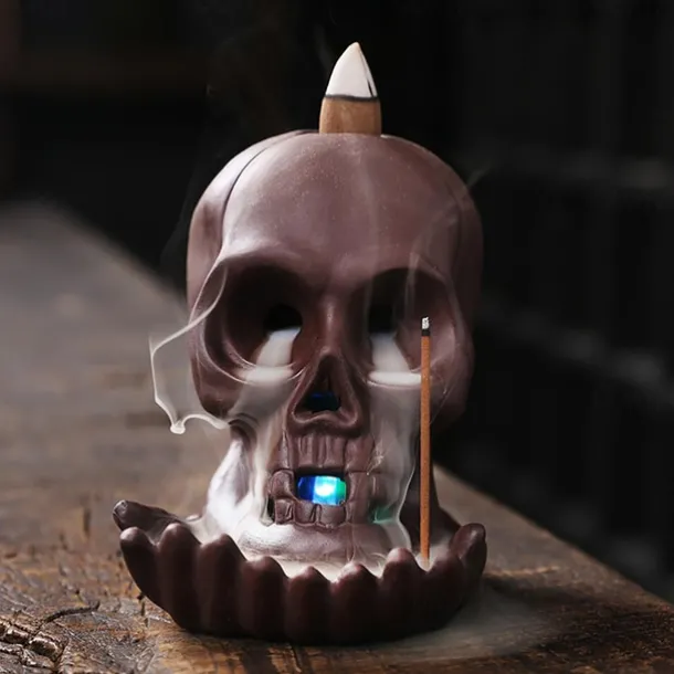 Skull Incense Burner Holder, Reflux Cascade, Ceramic, LED, Unique, Incense Burner, Skull Burner for Halloween, Aromatherapy, Yoga, Home Decor