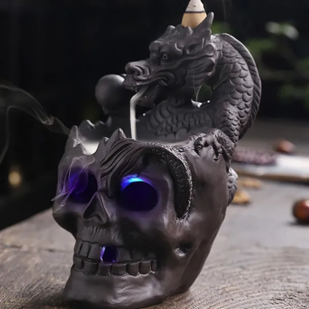 Skull Incense Burner Holder, Reflux Cascade, Ceramic, LED, Unique, Incense Burner, Skull Burner for Halloween, Aromatherapy, Yoga, Home Decor