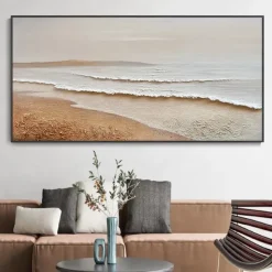 Sky and Ocean painting hand painted Calming Landscape Painting Neutral Landscape oil painting handmade Light Beige Aesthetic Acrylic wave sea Painting Minimalist Art painting
