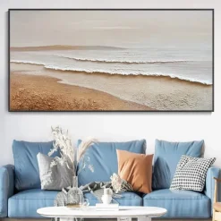 Sky and Ocean painting hand painted Calming Landscape Painting Neutral Landscape oil painting handmade Light Beige Aesthetic Acrylic wave sea Painting Minimalist Art painting
