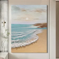 Sky and Ocean painting hand painted Calming Landscape Painting Neutral Landscape oil painting handmade Light Beige Aesthetic Acrylic wave sea Painting Minimalist Art painting