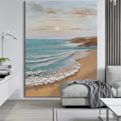 Sky and Ocean painting hand painted Calming Landscape Painting Neutral Landscape oil painting handmade Light Beige Aesthetic Acrylic wave sea Painting Minimalist Art painting