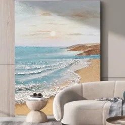 Sky and Ocean painting hand painted Calming Landscape Painting Neutral Landscape oil painting handmade Light Beige Aesthetic Acrylic wave sea Painting Minimalist Art painting