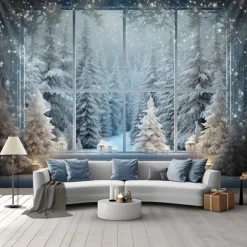 Snow Window Hanging Tapestry Winter White Wall Art Large Tapestry Mural Decor Photograph Backdrop Blanket Curtain Home Bedroom Living Room Decoration