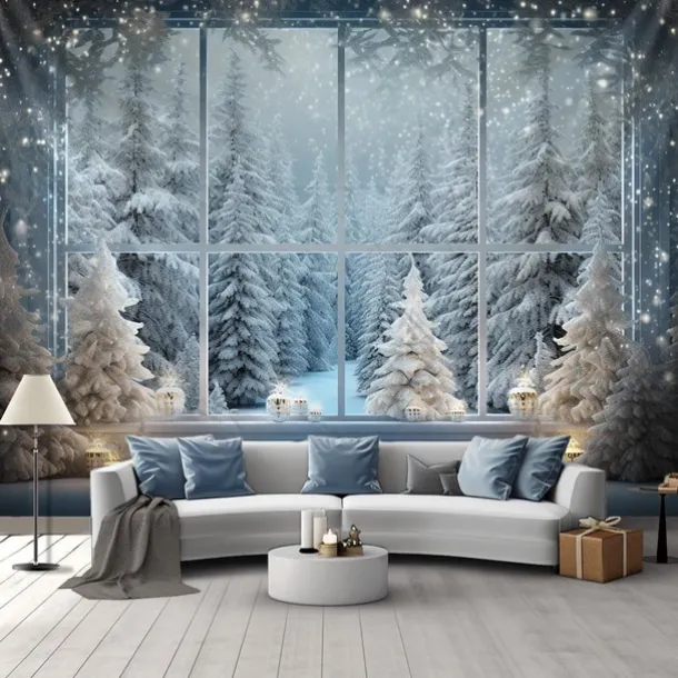 Snow Window Hanging Tapestry Winter White Wall Art Large Tapestry Mural Decor Photograph Backdrop Blanket Curtain Home Bedroom Living Room Decoration