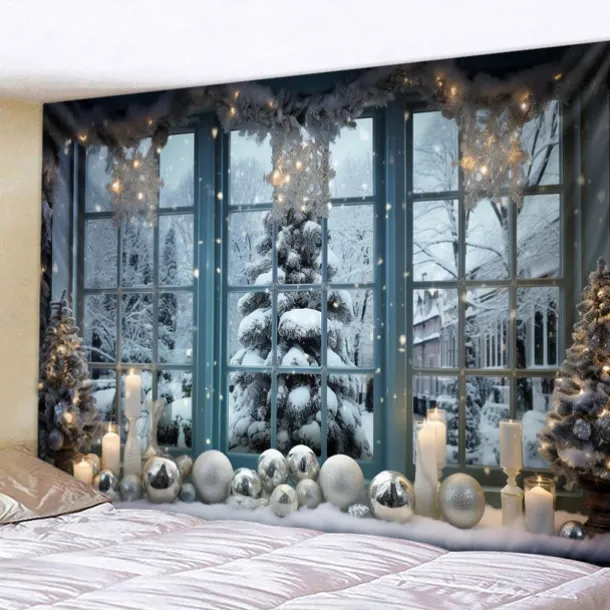Snow Window Hanging Tapestry Winter White Wall Art Large Tapestry Mural Decor Photograph Backdrop Blanket Curtain Home Bedroom Living Room Decoration