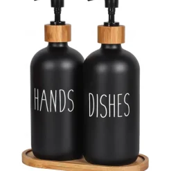 Soap Dispenser Set with Tray by Brighter Barns for Bathroom/Kitchen Hand and Dish Soap Dispenser for Bathroom Kitchen Sink Bamboo- Farmhouse Soap Dispenser(500ml*2)