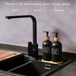 Soap Dispenser Set with Tray by Brighter Barns for Bathroom/Kitchen Hand and Dish Soap Dispenser for Bathroom Kitchen Sink Bamboo- Farmhouse Soap Dispenser(500ml*2)