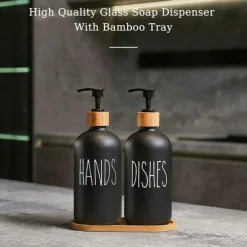 Soap Dispenser Set with Tray by Brighter Barns for Bathroom/Kitchen Hand and Dish Soap Dispenser for Bathroom Kitchen Sink Bamboo- Farmhouse Soap Dispenser(500ml*2)