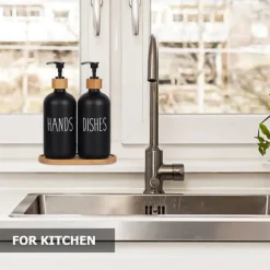 Soap Dispenser Set with Tray by Brighter Barns for Bathroom/Kitchen Hand and Dish Soap Dispenser for Bathroom Kitchen Sink Bamboo- Farmhouse Soap Dispenser(500ml*2)