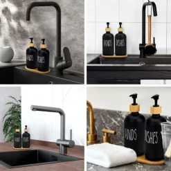 Soap Dispenser Set with Tray by Brighter Barns for Bathroom/Kitchen Hand and Dish Soap Dispenser for Bathroom Kitchen Sink Bamboo- Farmhouse Soap Dispenser(500ml*2)