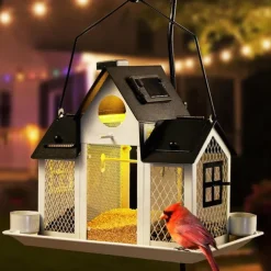 Solar Bird Feeders for Ourside,Bird House Squirrel Proof Feeder,Hanging Metal Mesh Wild Window Large Finch Cardinal Feeder Nest Houses,Bird Outdoors and Garden Decoration