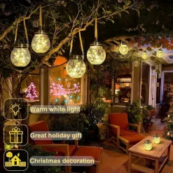 Solar Crack Jar Lights Hanging Ball Glass LED Solar Lanterns Solar Star Wishing Lamp Outdoor Waterproof Garden Decoration Tree Lights Christmas Party Home Decor Light