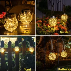 Solar Crack Jar Lights Hanging Ball Glass LED Solar Lanterns Solar Star Wishing Lamp Outdoor Waterproof Garden Decoration Tree Lights Christmas Party Home Decor Light