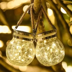 Solar Crack Jar Lights Hanging Ball Glass LED Solar Lanterns Solar Star Wishing Lamp Outdoor Waterproof Garden Decoration Tree Lights Christmas Party Home Decor Light