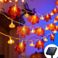 Solar 3D Pumpkin Maple Leaf String Lights 6.5m 30LED Outdoor Waterproof Garden Light Autumn Thanksgiving Christmas Wedding Party Holiday Yard Home Balcony Decoration