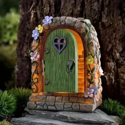 Solar Fairy Door Garden Miniatures,Fairy Door with Steps, Resin Fairy Garden Accessories, Tree Garden Home Decor, Waterproof Garden Glow Ornaments