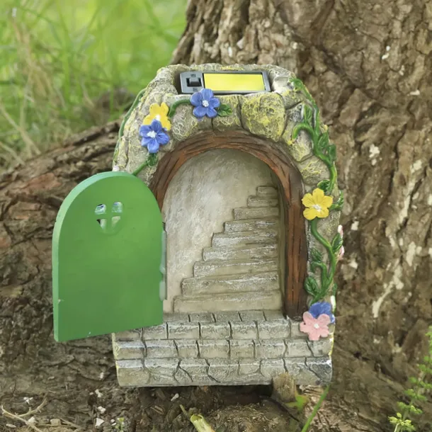 Solar Fairy Door Garden Miniatures,Fairy Door with Steps, Resin Fairy Garden Accessories, Tree Garden Home Decor, Waterproof Garden Glow Ornaments