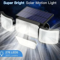 Solar Flood Lights Outdoor Lights 278LEDs 3000LM Motion Sensor Lights Solar Powered Lights 4 Heads Security Flood Lights IP65 Waterproof 300 Wide Angle Wall Lights With 3 Modes for Garden Yard Pathway
