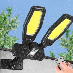 Solar Flood Lights Street Light, COB Solar Power 2 Heads Remote Control 270° Motion Sensor Street FloodLight Wall Lamp Waterproof for Outdoor Garden Security