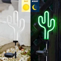 Solar Garden Lights Outdoor Lights Cactus/Flamingo Neon Lights Waterproof Outdoor Lights for Garden Patio Yard Pathway Decoration