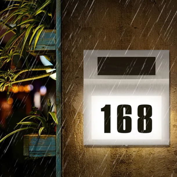 Solar House Number LED Address Sign Address Plaque Stainless Steel Door Number Light Outdoor Waterproof LED House Address Number Indicator Outdoor Garden Street Decoration Lighting Wall Light