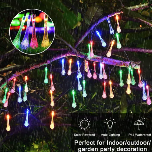 Solar Outdoor String Lights, Total 10M-100Leds Teardrop Water Drop Lights, Solar Christmas Lights Outdoor Waterproof for Garden Patio Yard Tree Party Christmas Decor