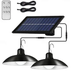 Solar Pendant Lights Outdoor Indoor String Lights Dimmable IP65 Waterproof Dual Head Solar Shed Light with 3M Cord and Remote Controller