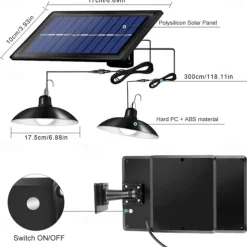 Solar Pendant Lights Outdoor Indoor String Lights Dimmable IP65 Waterproof Dual Head Solar Shed Light with 3M Cord and Remote Controller