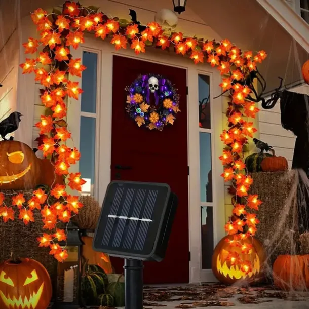 Solar Powered Artificial Maple Leaf Garland String Lights 6.5m 30LEDs Thanksgiving Halloween Autumn Leaves Decoration Outdoor Indoor Garden Patio Fireplace for Holiday Atmosphere Lighting